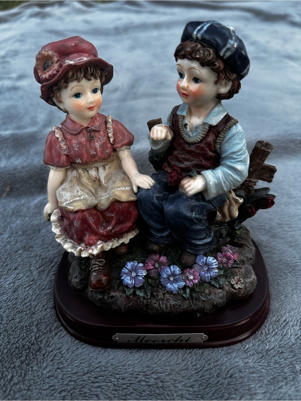 Vintage Meerchi Resin Figurine - Boy and Girl Sitting On Bench - Cottagecore
